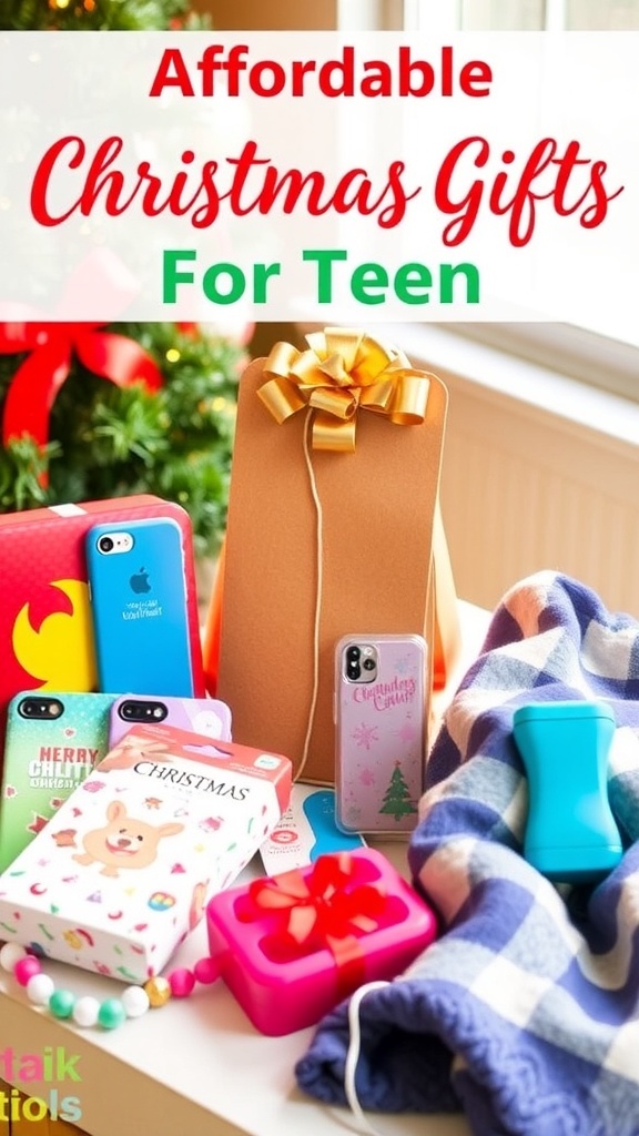A collection of budget-friendly Christmas gifts for teens including phone cases, blankets, and gadgets on a decorated table.